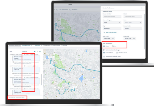 Dynamic Visit Planning - Showing distance (MilesKms)